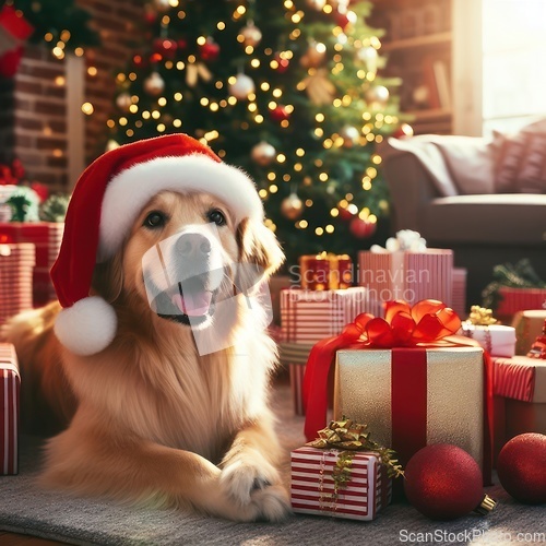 Image of golden retriever dog wearing santa hat 