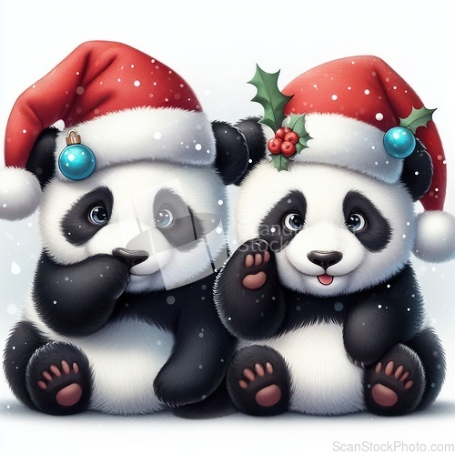 Image of cute pandas wearing santa hats