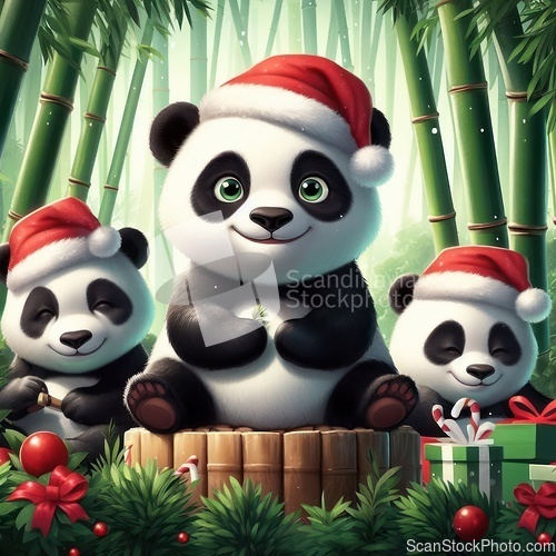 Image of cute pandas wearing santa hats