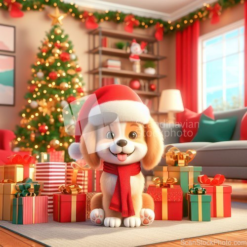 Image of gorgeous puppy dog wearing santa hat