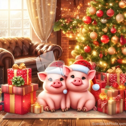 Image of cute little pigs wearing santa hats 