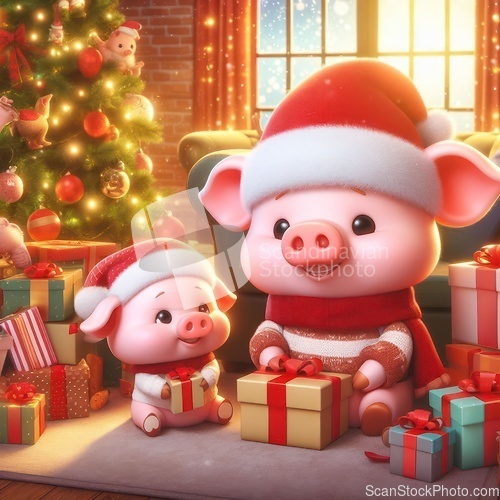 Image of cute little pigs wearing santa hats 