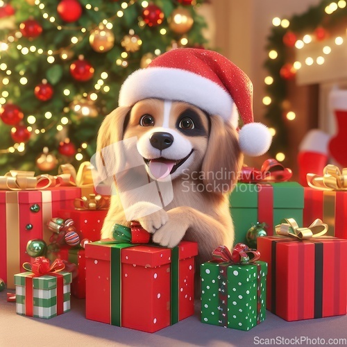 Image of cute 3d art puppy with santa hat