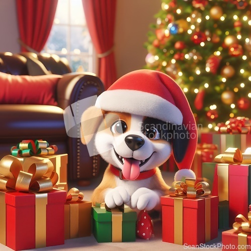 Image of cute 3d art puppy with santa hat