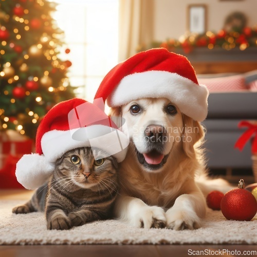 Image of dog and a cat sitting together with santa hats