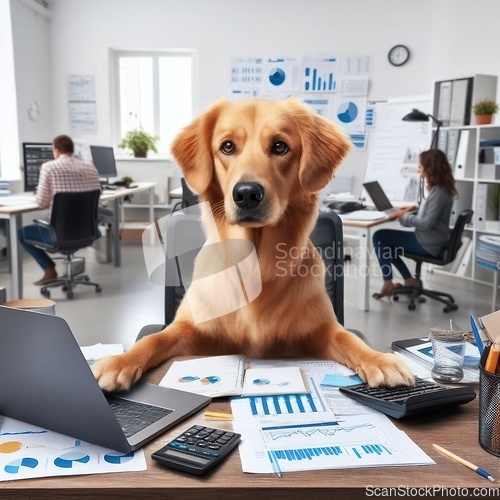 Image of dog busy at work with charts and graphs