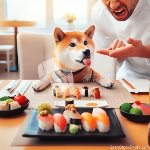 Image of shiba inu dog is unhappy with sushi