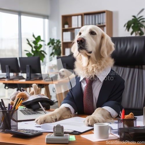 Image of well dressed dog in a suit working hard