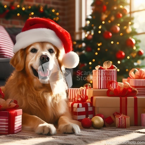 Image of gorgeous dog wearing santa hat