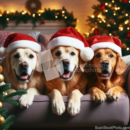 Image of three dogs wearing santa hat 