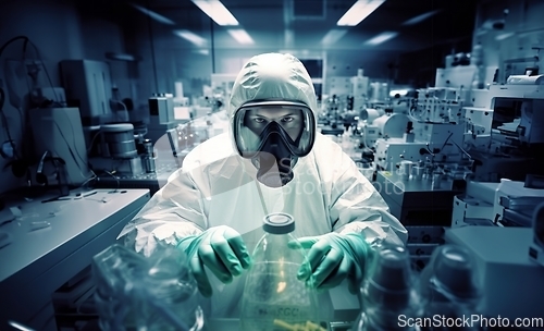 Image of Mysterious doctor in a suit examines hazardous materials using a microscope in a professional office setting.