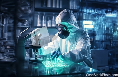 Image of Mysterious doctor in a suit examines hazardous materials using a microscope in a professional office setting.