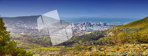 Image of Mountain, nature and Cape Town in South Africa for travel, journey and adventure in city. Landscape, sea and holiday or vacation for freedom, hiking and above view of location for tourists getaway