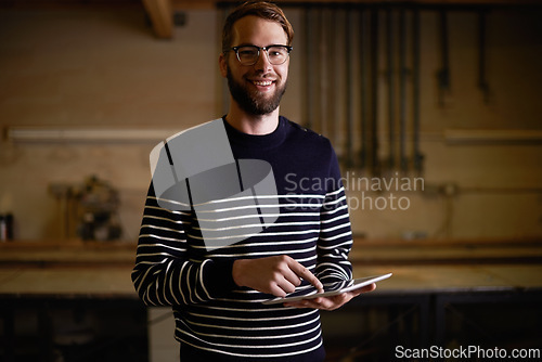 Image of Happy man, portrait and glasses with tablet for communication, social media or research at home. Geek, nerd or handsome male person with smile on technology for online search or networking at house