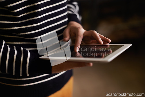 Image of Person, hands and tablet with mockup for research, communication or networking at home. Closeup of creative employee working on technology or screen display for online search, app or startup at house