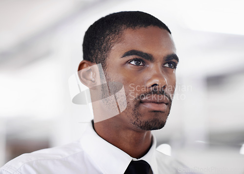 Image of Business, thinking and black man with ideas, decision and financial consultant in a workplace. African person, employee and questions with planning and problem solving with solution and opportunity
