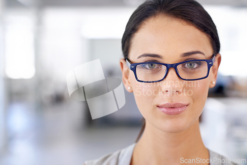 Image of Glasses, office and portrait of business woman with confidence, pride and vision for company. Professional, corporate workplace and person with frame lens for career, job opportunity and working