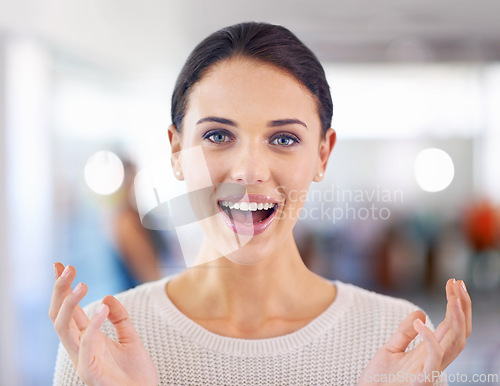 Image of Excited, woman and portrait with surprise for news, announcement or shock in office. Professional, promotion and person with reaction to winning bonus, offer or hearing information in workplace