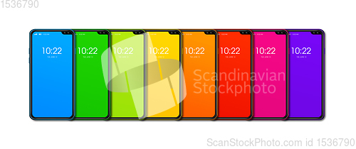 Image of Rainbow colorful smartphone set banner. Isolated on white. 3D re