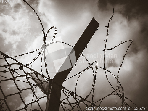 Image of Barbed wire fence black and white picture