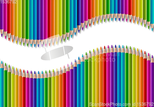 Image of Set of color wooden pencil in wave shape on white background