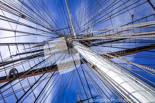 Image of Old ship mast and sail ropes closeup