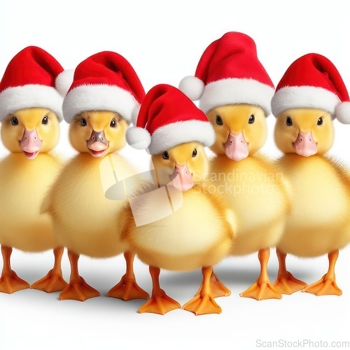 Image of cute fluffy ducklings with santa hats on white 3d art generative