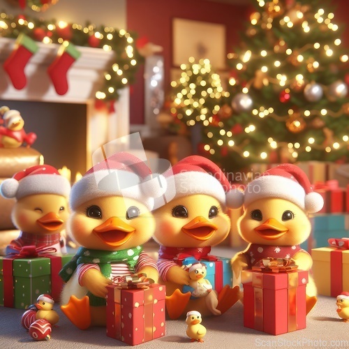 Image of fluffy ducklings with gifts at christmas 3d art generative ai