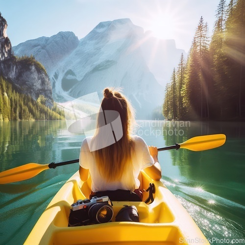 Image of woman kayaking or canoeing on a flat water 