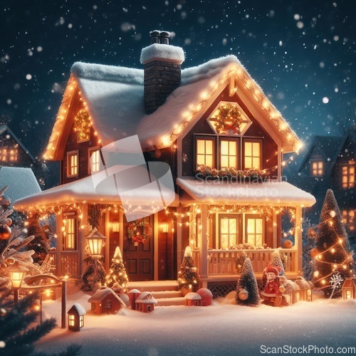 Image of classic snow covered house at christmas 