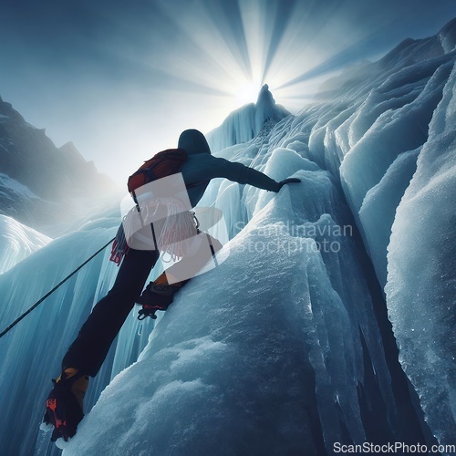 Image of ice climber scaling an icy mountain