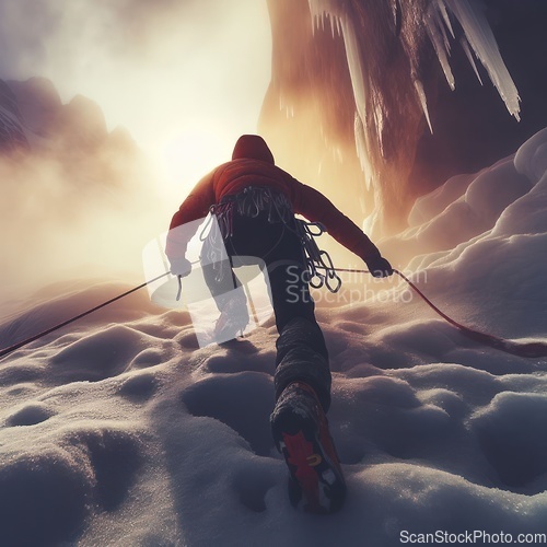 Image of ice climber scaling an icy mountain