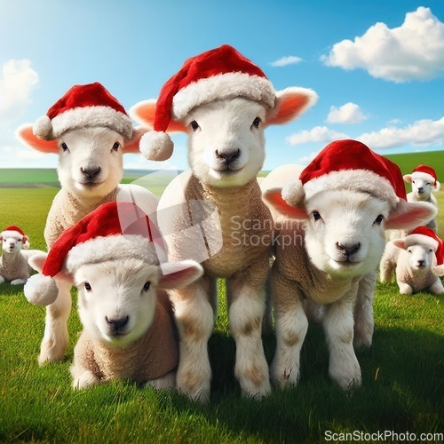 Image of lambs in the grassy meadow wearing santa hats