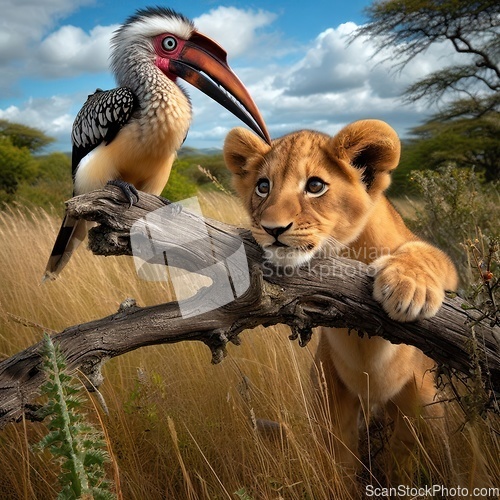 Image of cute lion cub stalking and hunting a bird