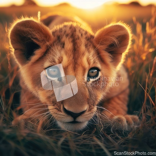 Image of cute lion cub prowling and stalking 