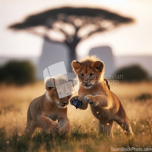 Image of two young lion cubs playing and learning