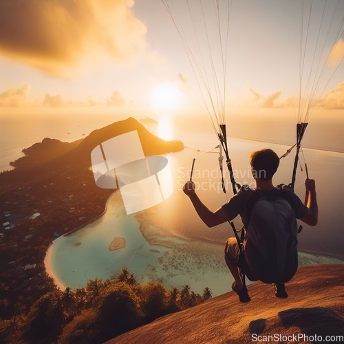 Image of person paragliding on a tropical island paradise