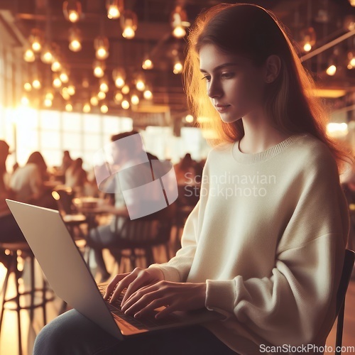 Image of woman using a laptop in a restaurant 