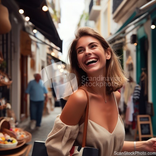 Image of pretty young female tourist shopping on vacation generative ai