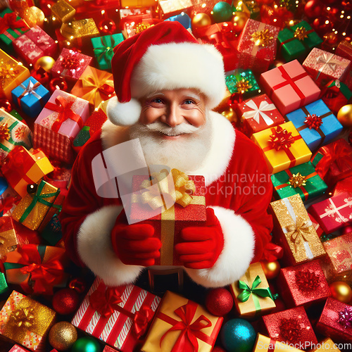 Image of very happy santa claus is surrounded by gifts