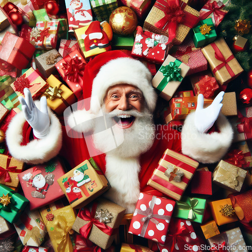 Image of very happy santa claus is surrounded by gifts