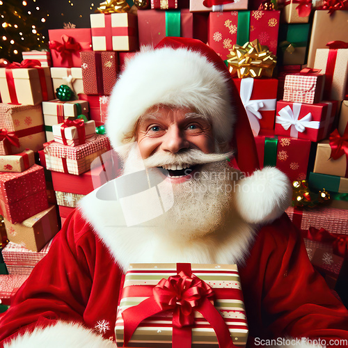 Image of very happy santa claus is surrounded by gifts