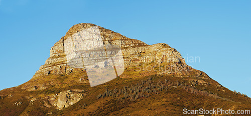 Image of Mountain, blue sky and summit with natural landscape for travel location, outdoor adventure and environment. Banner, nature and landmark for peace, explore and holiday destination in Cape Town.