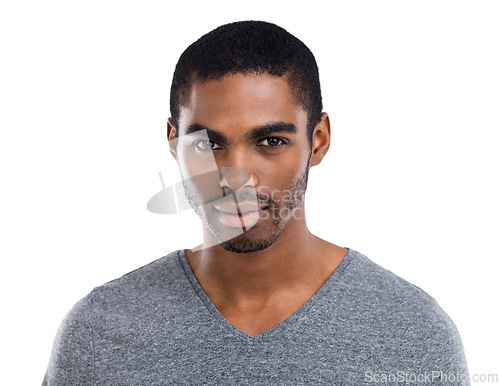 Image of Portrait, confident and serious with young black man in studio isolated on white background. Face, assertive or tough and person in tshirt feeling cool, proud or strong with determined expression