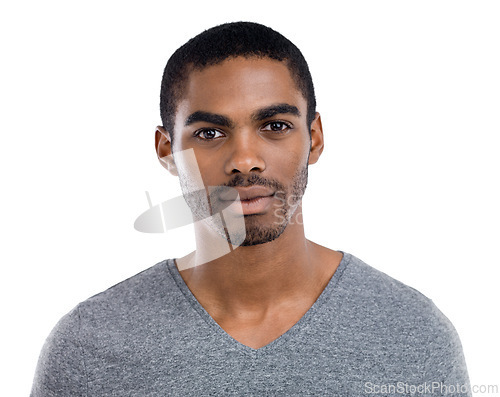 Image of Portrait, assertive and serious with young black man in studio isolated on white background. Face, confident or tough and person in tshirt feeling cool, proud or strong with determined expression