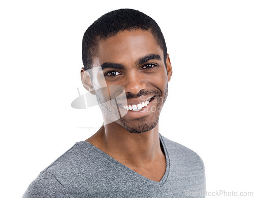 Image of Portrait, smile and satisfied with young black man in studio isolated on white background for optimism. Face, happy and excited with confident person in casual tshirt feeling carefree or cheerful