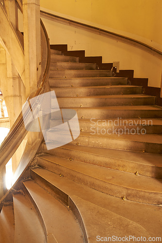 Image of Vintage, building and architecture with stairs for mansion with ancient look or structure for decor. Classic, history and traditional castle as retro residence for cultural and heritage showcase.