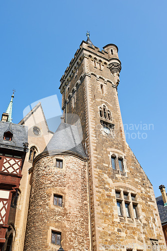 Image of Architectural, building and history of temple, castle or arcade in outdoor environment. Germany, traditional museum and artistic walls in landscape clouds, blue sky and rocks or marble for design