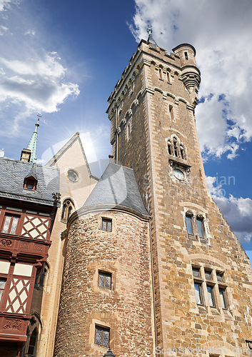 Image of Architecture, building and history of Germany, temple or arcade in outdoor environment. Traditional castle, museum and artistic walls in landscape clouds, blue sky and rocks or marble for design