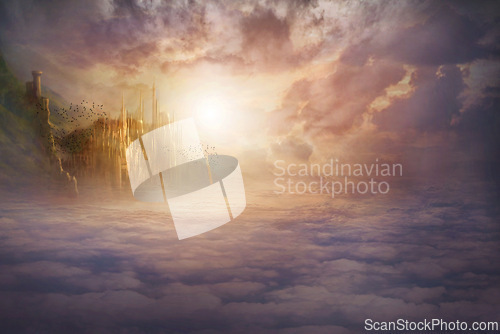 Image of Heaven, sky and castle with light for fantasy, creative imagination and eternity with birds, clouds and sunlight. Mystical, mansion and architecture for holy paradise, religion and spiritual palace